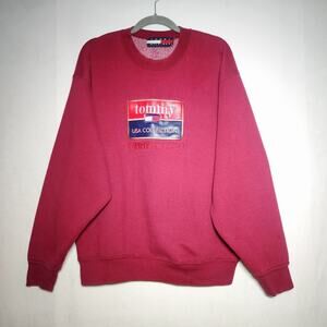 Vintage 90’s Tommy Hilfiger Leather Logo Burgundy Red Sweater Men's Sz L
